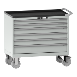 LISTA - Armoire à tiroirs mobile 54x27E (LxPxH) 1023x572x962mm 6 tiroirs (2x75/3x100/1x150) 75kg roues en caoutchouc Ø160mm KEY Lock Gris clair RAL 7035