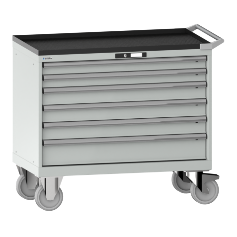 LISTA - Armoire à tiroirs mobile 54x27E (LxPxH) 1023x572x962mm 6 tiroirs (2x75/3x100/1x150) 75kg roues en caoutchouc Ø160mm KEY Lock Gris clair RAL 7035