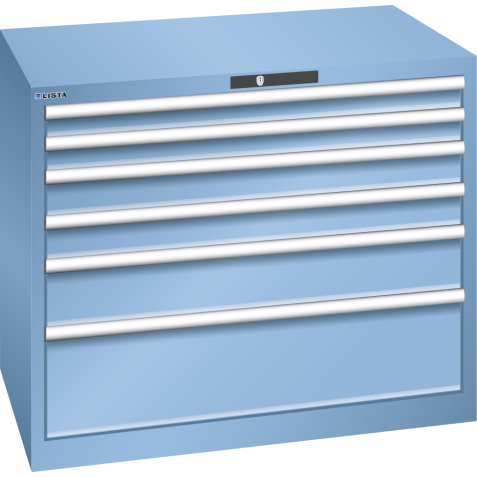 LISTA - Armoire à tiroirs 54x36E (LxPxH) 1023x725x850mm 6 tiroirs (2x75/2x100/1x150/1x250**) 75/**200kg KEY Lock Bleu clair RAL 5012