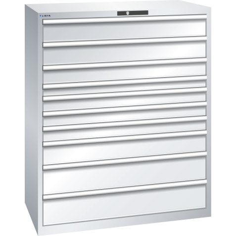 LISTA - Armoire à tiroirs 64x36E (LxPxH) 1193x725x1450mm 10 tiroirs (2x150/1x125/1x75/3x100/1x150/2x200) 200kg KEY Lock Gris clair RAL 7035