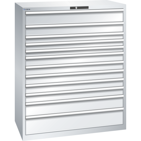 LISTA - Armoire à tiroirs 64x36E (LxPxH) 1193x725x1450mm 12 tiroirs (1x150/1x125/3x75/5x100/1x150/1x200) 200kg KEY Lock Gris clair RAL 7035