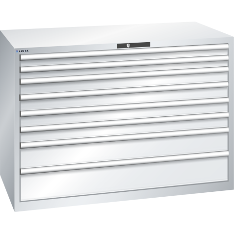 LISTA - Armoire à tiroirs 78x36E (LxPxH) 1431x725x1000mm 8 tiroirs (2x75/4x100/1x150**/1x200**) 75/**200kg KEY Lock Gris clair RAL 7035