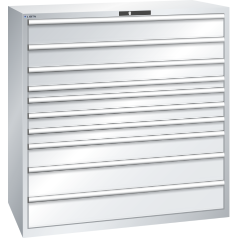 LISTA - Armoire à tiroirs 78x36E (LxPxH) 1431x725x1450mm 10 tiroirs (2x150/1x125/1x75/3x100/1x150/2x200) 200kg KEY Lock Gris clair RAL 7035