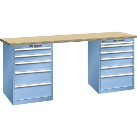 LISTA - Établi 27x36E (LxPxH) 2000x750x890mm 5 + 6 tiroirs (à gauche: 2x100/1x150/2x200, à droite: 1x50/2x100/2x150/1x200) 75kg multiplex KEY Lock Bleu clair RAL 5012