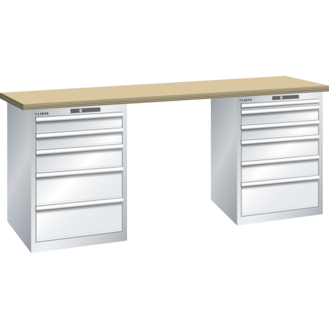 LISTA - Établi 27x36E (LxPxH) 2000x750x890mm 5 + 6 tiroirs (à gauche: 2x100/1x150/2x200, à droite: 1x50/2x100/2x150/1x200) 75kg multiplex KEY Lock Gris clair RAL 7035