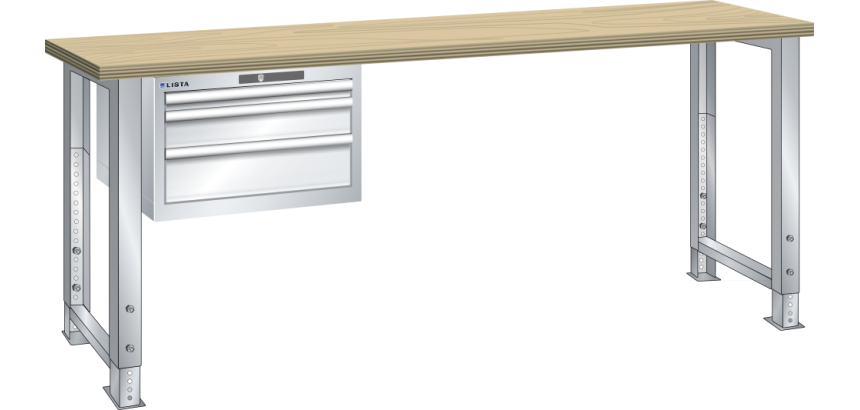 Établi Lista 27x36E - Hauteur ajustable 75 à 110 cm x L 200 x P 80 cm - plateau en hêtre massif, 3 tiroirs