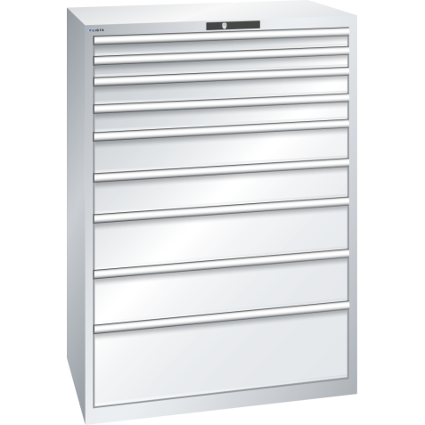 LISTA - Armoire à tiroirs 54x36E (LxPxH) 1023x725x1450mm 9 tiroirs (2x75/2x100/2x150/2x200/1x300**) 75/**200kg KEY Lock Gris clair RAL 7035