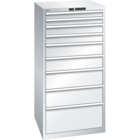 LISTA - Armoire à tiroirs 36x36E (LxPxH) 717x725x1450mm 9 tiroirs (2x75/2x100/2x150/2x200/1x300) 75kg KEY Lock Gris clair RAL 7035
