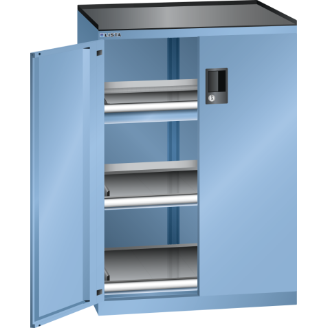 LISTA - Armoire à tiroirs avec portes battantes 36x27E (LxPxH) 717x600x1020mm 1 tiroir (75kg), 2 rayons extensibles (75kg) KEY Lock Bleu clair RAL 5012