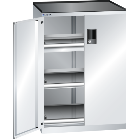 LISTA - Armoire à tiroirs avec portes battantes 36x27E (LxPxH) 717x600x1020mm 1 tiroir (200kg), 2 rayons extensibles (200kg) KEY Lock Gris clair RAL 7035