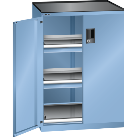 LISTA - Armoire à tiroirs avec portes battantes 36x27E (LxPxH) 717x600x1020mm 2 tiroirs (75kg), 1 rayon extensible (75kg) KEY Lock Bleu clair RAL 5012