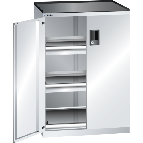 LISTA - Armoire à tiroirs avec portes battantes 36x27E (LxPxH) 717x600x1020mm 2 tiroirs (200kg), 1 rayon extensible (200kg) KEY Lock Gris clair RAL 7035