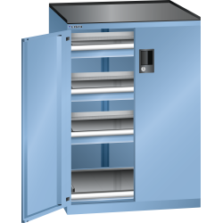LISTA - Armoire à tiroirs avec portes battantes 36x27E (LxPxH) 717x600x1020mm 3 tiroirs (75kg), 1 rayon extensible (75kg) KEY Lock Bleu clair RAL 5012