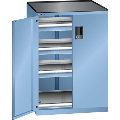 LISTA - Armoire à tiroirs avec portes battantes 36x27E (LxPxH) 717x600x1020mm 3 tiroirs (75kg), 1 rayon extensible (75kg) KEY Lock Bleu clair RAL 5012