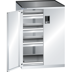 LISTA - Armoire à tiroirs avec portes battantes 36x27E (LxPxH) 717x600x1020mm 3 tiroirs (75kg), 1 rayon extensible (75kg) KEY Lock Gris clair RAL 7035