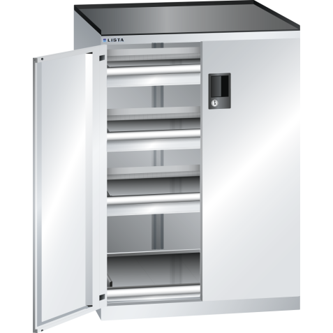 LISTA - Armoire à tiroirs avec portes battantes 36x27E (LxPxH) 717x600x1020mm 3 tiroirs (75kg), 1 rayon extensible (75kg) KEY Lock Gris clair RAL 7035