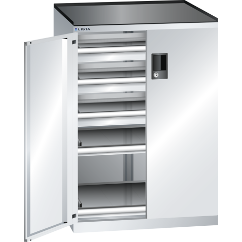 LISTA - Armoire à tiroirs avec portes battantes 36x27E (LxPxH) 717x600x1020mm 3 tiroirs (75kg), 2 rayons extensibles (75kg) KEY Lock Gris clair RAL 7035