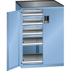 LISTA - Armoire à tiroirs avec portes battantes 36x27E (LxPxH) 717x600x1020mm 3 tiroirs (200kg), 2 rayons extensibles (200kg) KEY Lock Bleu clair RAL 5012