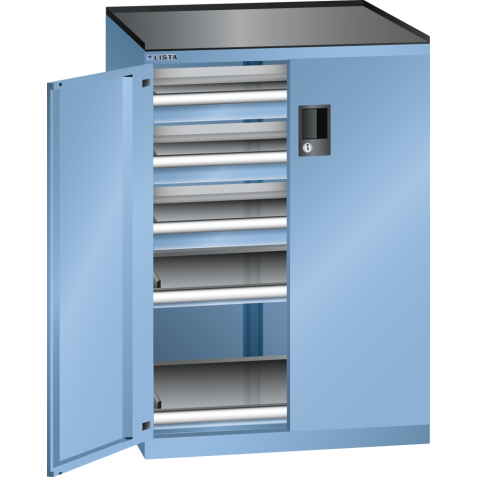 LISTA - Armoire à tiroirs avec portes battantes 36x27E (LxPxH) 717x600x1020mm 3 tiroirs (200kg), 2 rayons extensibles (200kg) KEY Lock Bleu clair RAL 5012