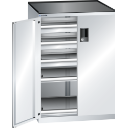 LISTA - Armoire à tiroirs avec portes battantes 36x27E (LxPxH) 717x600x1020mm 3 tiroirs (200kg), 2 rayons extensibles (200kg) KEY Lock Gris clair RAL 7035