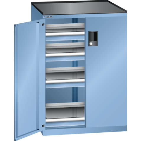 LISTA - Armoire à tiroirs avec portes battantes 36x27E (LxPxH) 717x600x1020mm 4 tiroirs (75kg) KEY Lock Bleu clair RAL 5012