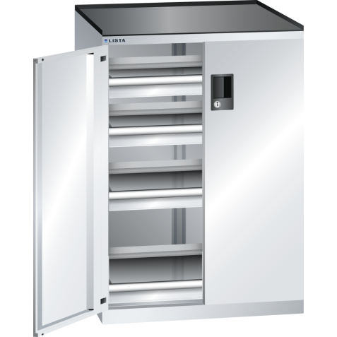LISTA - Armoire à tiroirs avec portes battantes 36x27E (LxPxH) 717x600x1020mm 4 tiroirs (75kg) KEY Lock Gris clair RAL 7035