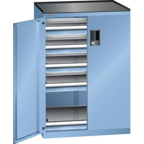 LISTA - Armoire à tiroirs avec portes battantes 36x27E (LxPxH) 717x600x1020mm 5 tiroirs (75kg) KEY Lock Bleu clair RAL 5012