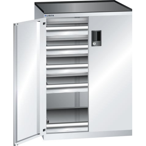 LISTA - Armoire à tiroirs avec portes battantes 36x27E (LxPxH) 717x600x1020mm 5 tiroirs (75kg) KEY Lock Gris clair RAL 7035