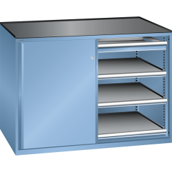 LISTA - Armoire à tiroirs avec portes coulissantes 2x36x27E (LxPxH) 1430x627x1020mm 2 tiroirs (75kg), 6 rayons extensibles (75kg) KEY Lock Bleu clair RAL 5012