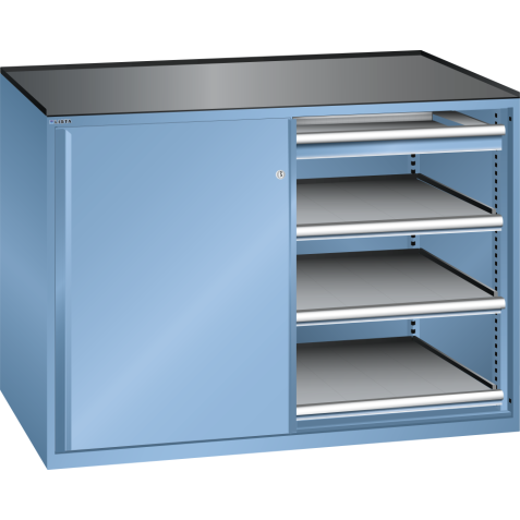LISTA - Armoire à tiroirs avec portes coulissantes 2x36x27E (LxPxH) 1430x627x1020mm 2 tiroirs (75kg), 6 rayons extensibles (75kg) KEY Lock Bleu clair RAL 5012