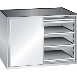 LISTA - Armoire à tiroirs avec portes coulissantes 2x36x27E (LxPxH) 1430x627x1020mm 2 tiroirs (75kg), 6 rayons extensibles (75kg) KEY Lock Gris clair RAL 7035