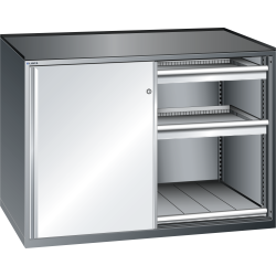 LISTA - Armoire à tiroirs avec portes coulissantes 2x36x27E (LxPxH) 1430x627x1020mm 4 tiroirs (75kg), 2 rayons extensibles (75kg) KEY Lock Bleu clair RAL 5012