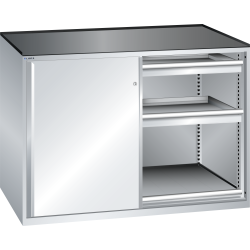 LISTA - Armoire à tiroirs avec portes coulissantes 2x36x27E (LxPxH) 1430x627x1020mm 4 tiroirs (75kg), 2 rayons extensibles (75kg) KEY Lock Gris clair RAL 7035