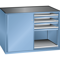 LISTA - Armoire à tiroirs avec portes coulissantes 2x36x27E (LxPxH) 1430x627x1020mm 6 tiroirs (75kg), 2 rayons extensibles (75kg) KEY Lock Bleu clair RAL 5012
