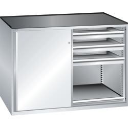 LISTA - Armoire à tiroirs avec portes coulissantes 2x36x27E (LxPxH) 1430x627x1020mm 6 tiroirs (75kg), 2 rayons extensibles (75kg) KEY Lock Gris clair RAL 7035