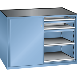 LISTA - Armoire à tiroirs avec portes coulissantes 2x36x27E (LxPxH) 1430x627x1020mm 4 tiroirs (200kg), 4 rayons extensibles (200kg) KEY Lock Bleu clair RAL 5012