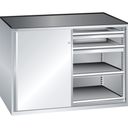LISTA - Armoire à tiroirs avec portes coulissantes 2x36x27E (LxPxH) 1430x627x1020mm 4 tiroirs (200kg), 4 rayons extensibles (200kg) KEY Lock Gris clair RAL 7035