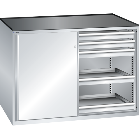 LISTA - Armoire à tiroirs avec portes coulissantes 2x36x27E (LxPxH) 1430x627x1020mm 10 tiroirs (200kg) KEY Lock Gris clair RAL 7035