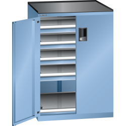 LISTA - Armoire à tiroirs avec portes battantes 36x36E (LxPxH) 717x753x1020mm 4 tiroirs (75kg), 1 rayon extensible (75kg) KEY Lock Bleu clair RAL 5012