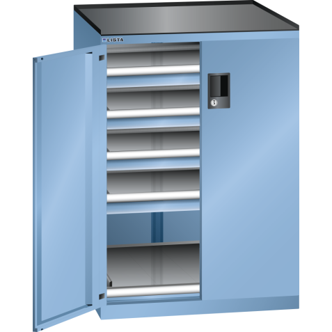 LISTA - Armoire à tiroirs avec portes battantes 36x36E (LxPxH) 717x753x1020mm 4 tiroirs (75kg), 1 rayon extensible (75kg) KEY Lock Bleu clair RAL 5012