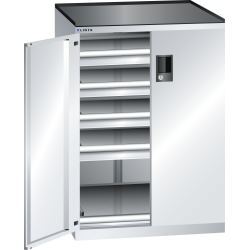 LISTA - Armoire à tiroirs avec portes battantes 36x36E (LxPxH) 717x753x1020mm 4 tiroirs (75kg), 1 rayon extensible (75kg) KEY Lock Gris clair RAL 7035