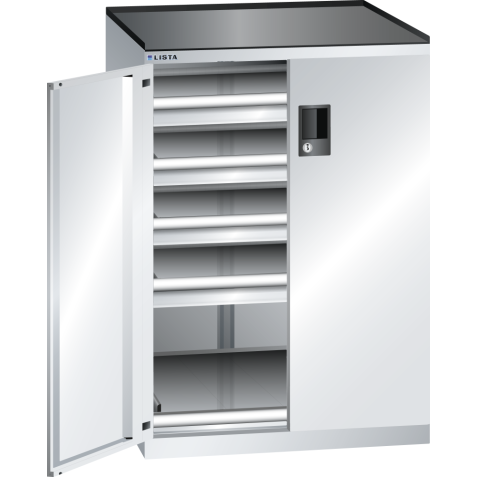 LISTA - Armoire à tiroirs avec portes battantes 36x36E (LxPxH) 717x753x1020mm 4 tiroirs (75kg), 1 rayon extensible (75kg) KEY Lock Gris clair RAL 7035