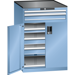 LISTA - Armoire à tiroirs avec portes battantes 36x36E (LxPxH) 717x753x1020mm 5 tiroirs (75kg), 1 rayon extensible (75kg) KEY Lock Bleu clair RAL 5012