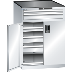 LISTA - Armoire à tiroirs avec portes battantes 36x36E (LxPxH) 717x753x1020mm 5 tiroirs (75kg), 1 rayon extensible (75kg) KEY Lock Gris clair RAL 7035