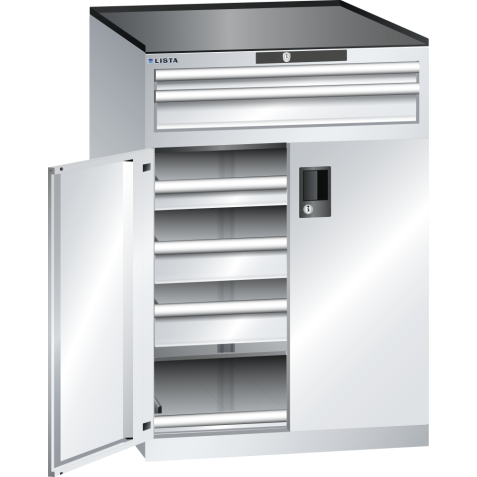 LISTA - Armoire à tiroirs avec portes battantes 36x36E (LxPxH) 717x753x1020mm 5 tiroirs (75kg), 1 rayon extensible (75kg) KEY Lock Gris clair RAL 7035