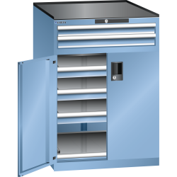 LISTA - Armoire à tiroirs avec portes battantes 36x36E (LxPxH) 717x753x1020mm 5 tiroirs (75kg), 1 rayon extensible (75kg) KEY Lock Bleu clair RAL 5012