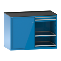 LISTA - Armoire à tiroirs avec portes coulissantes 2x36x36E (LxPxH) 1430x780x1020mm 4 tiroirs (75kg), 4 rayons extensibles (75kg) KEY Lock Bleu clair RAL 5012