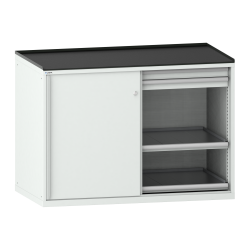 LISTA - Armoire à tiroirs avec portes coulissantes 2x36x36E (LxPxH) 1430x780x1020mm 4 tiroirs (75kg), 4 rayons extensibles (75kg) KEY Lock Gris clair RAL 7035