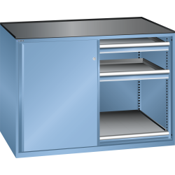 LISTA - Armoire à tiroirs avec portes coulissantes 2x36x36E (LxPxH) 1430x780x1020mm 4 tiroirs (200kg), 2 rayons extensibles (200kg) KEY Lock Bleu clair RAL 5012