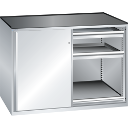 LISTA - Armoire à tiroirs avec portes coulissantes 2x36x36E (LxPxH) 1430x780x1020mm 4 tiroirs (200kg), 2 rayons extensibles (200kg) KEY Lock Gris clair RAL 7035